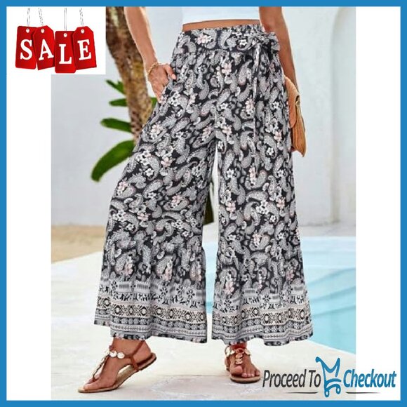 Women's Wide Leg Palazzo Pants Elastic High Waist Flowy Beach - Picture 3 of 7